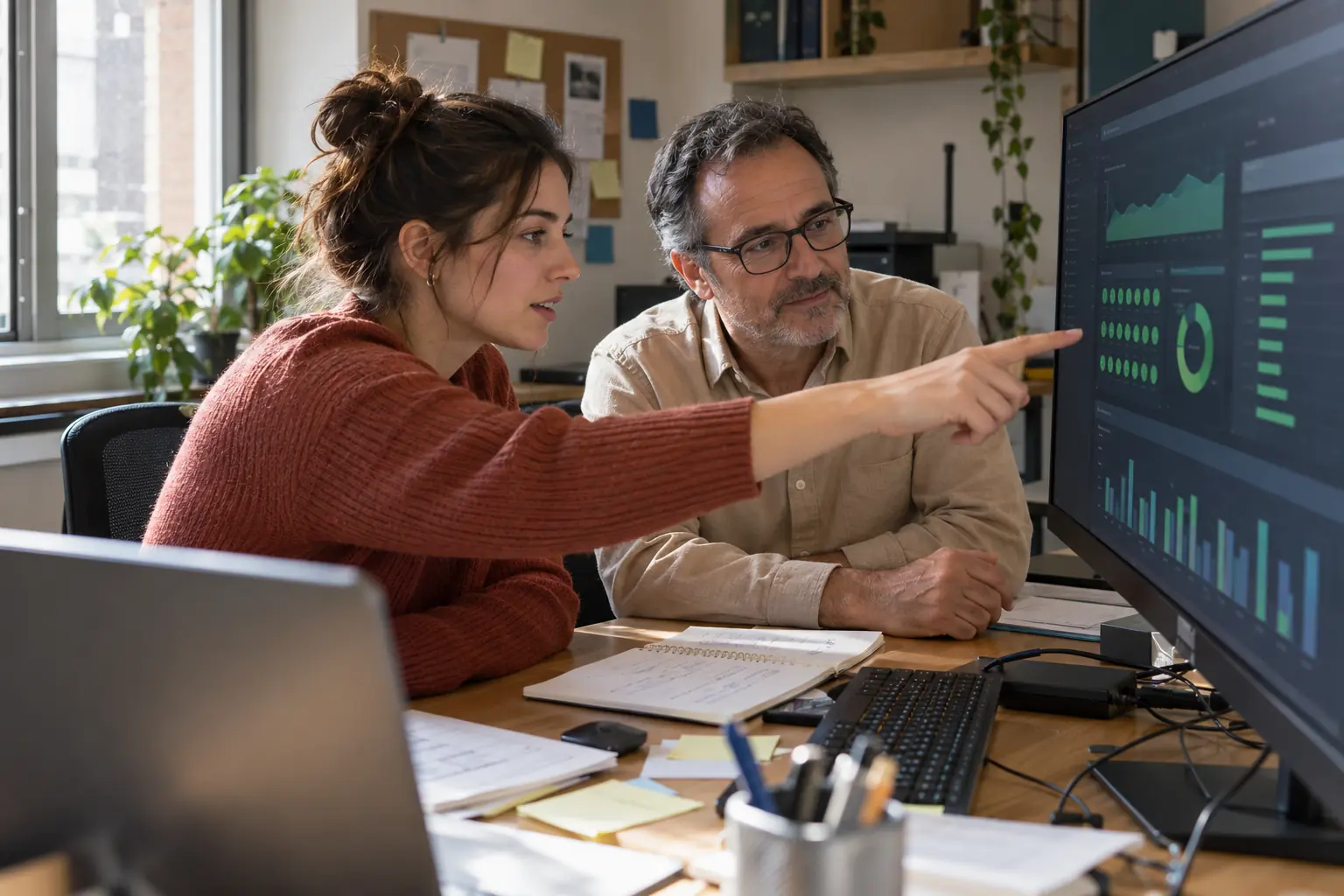 Dos personas del equipo de MOWOMO Care revisando el estado y las copias de seguridad de un sitio web